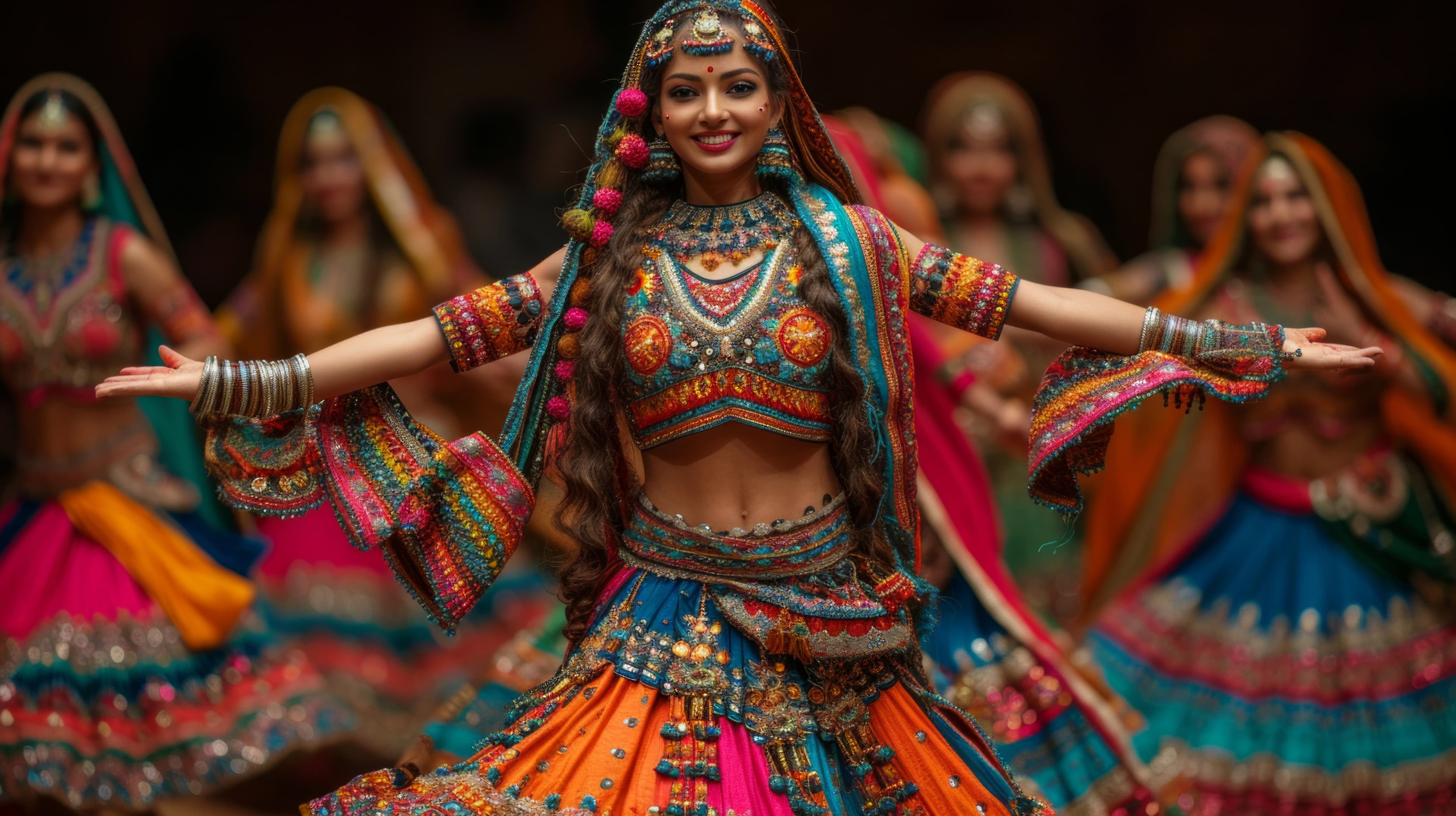 A portrait of a woman in vivid colors, celebrating Navratri.